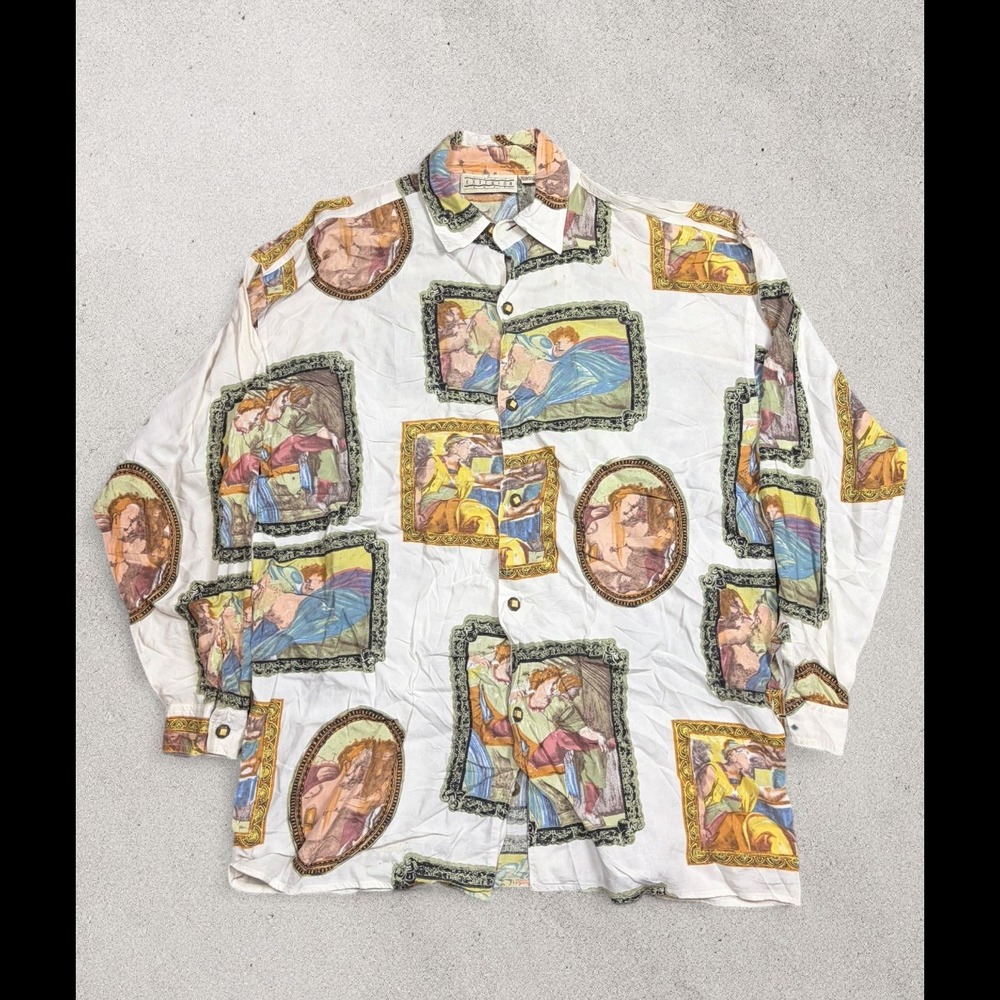 Vintage Exterior Renaissance Art Print Rayon Button Down Shirt Mens Small White